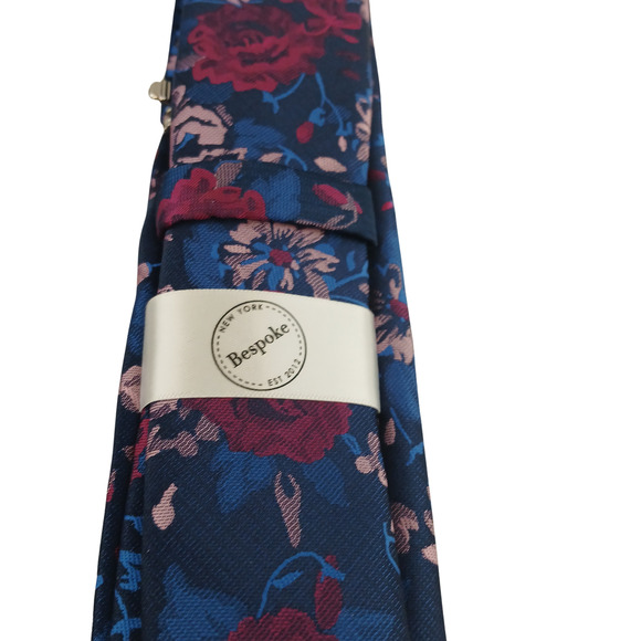BESPOKE Elegant Men's Ties - Solid Navy Blue & Floral Pattern Blue Pink Red Tie - Picture 5 of 8